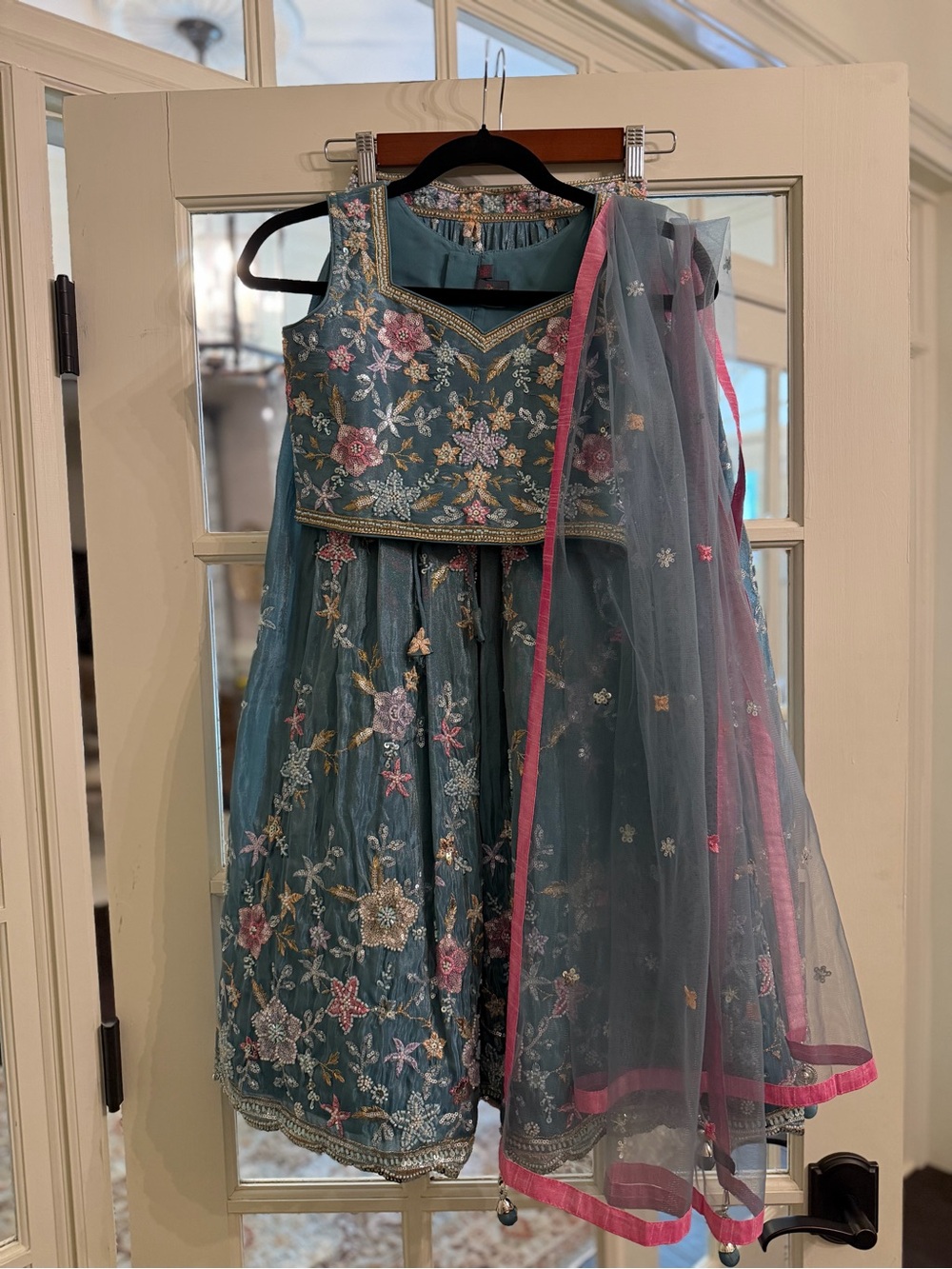 Embroidered Teal Floral Lehenga Dress Set with Pink Trim
